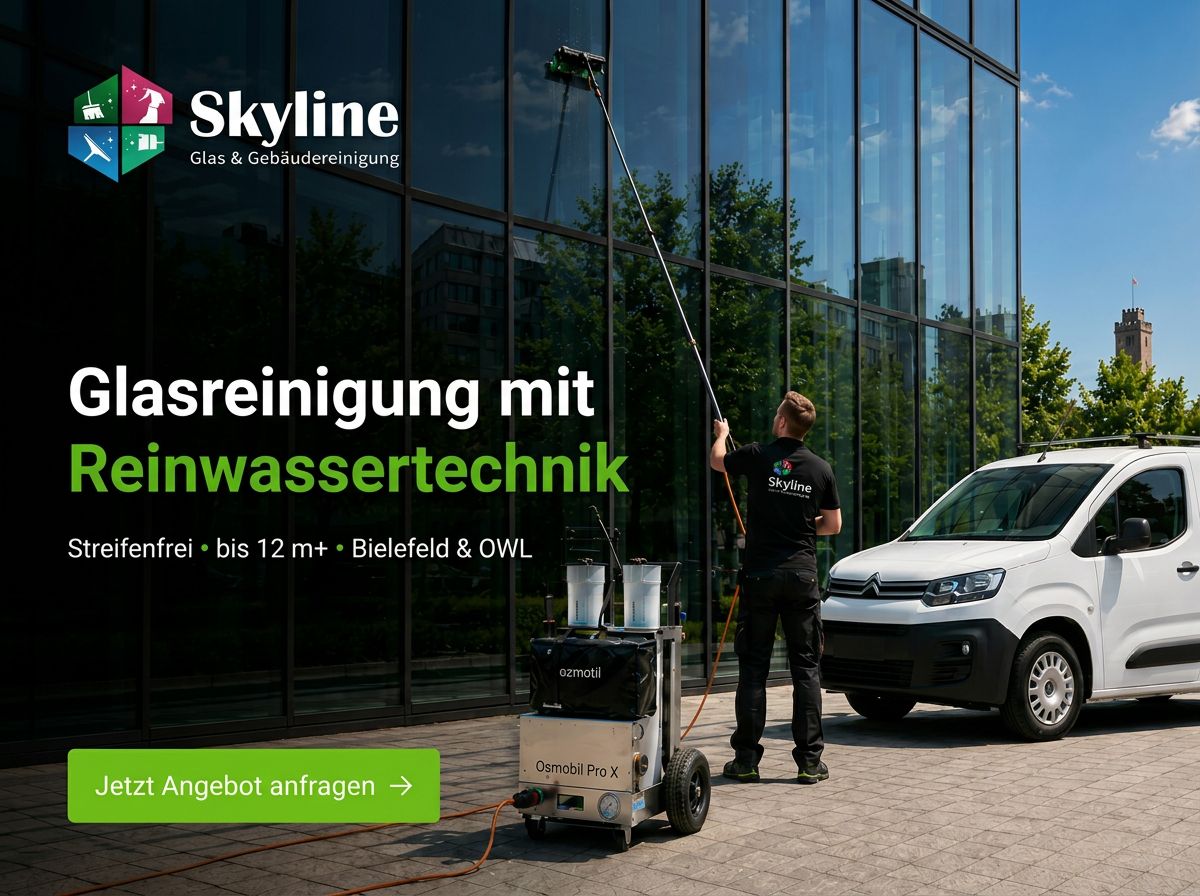 Skyline Glas & Gebäudereinigung bei professioneller Glasreinigung mit Osmobil Pro X Reinwassertechnik vor einem Gewerbeobjekt in Bielefeld und OWL.