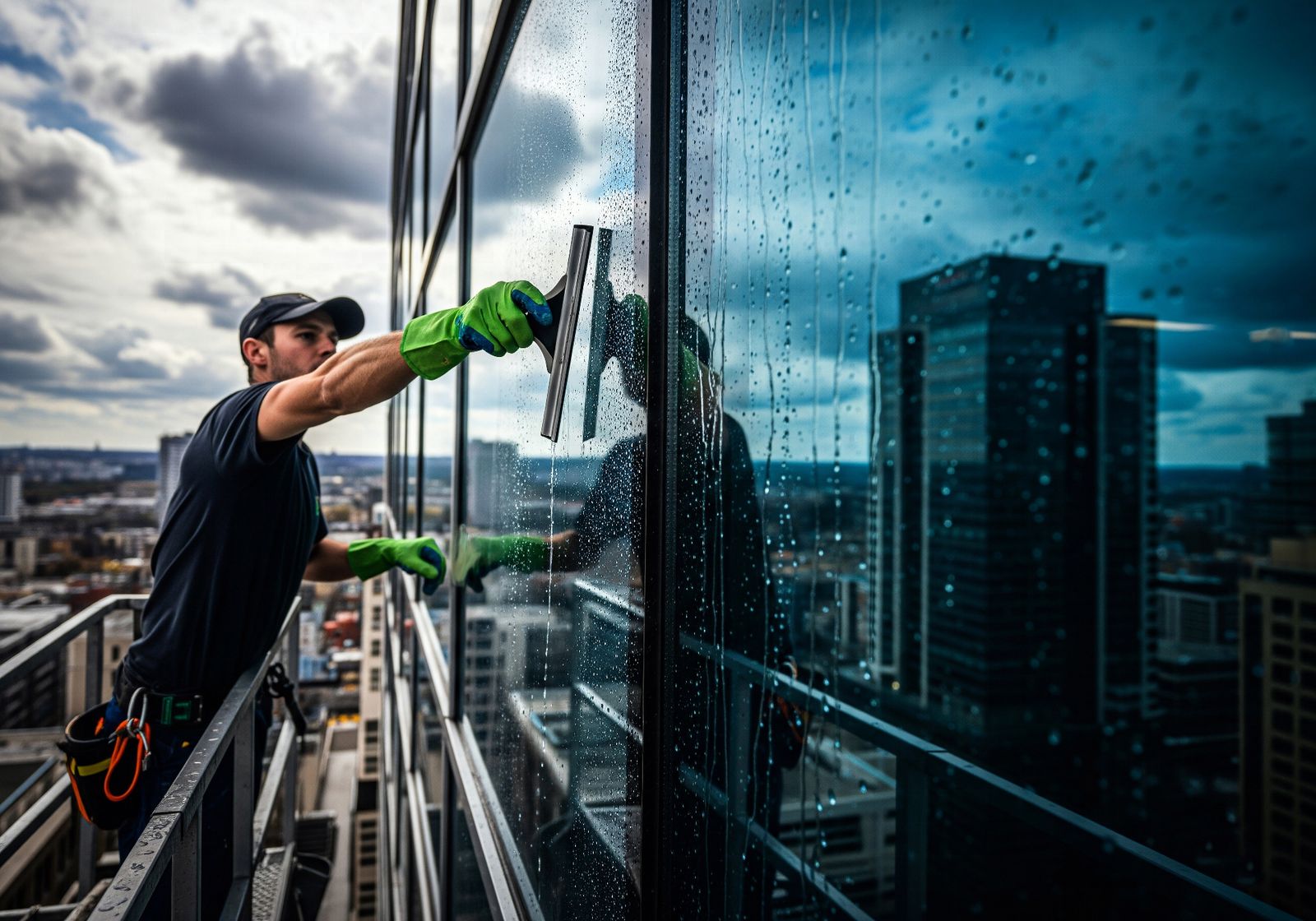 Skyline-Fachkraft reinigt streifenfrei eine große Bürofenster-Glasfront mit professionellem Abzieher