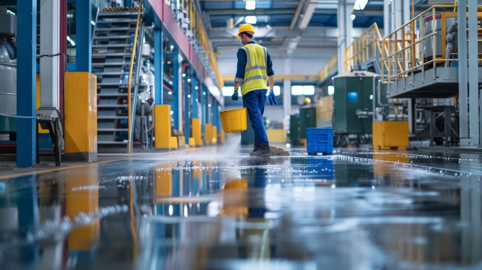 Skyline-Team bei der Industriereinigung einer Produktionshalle mit professioneller Industriereinigungstechnik